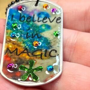 Dog tag resin necklace "I believe in magic" rhinestone, sequin embellished.